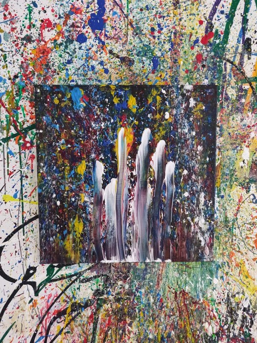 Acrylic painting by James Gale expressing anxiety through bold, dynamic textures. The artwork features a hand reaching into a vivid world of color, fading as it grasps for stability. Created with an expressive technique, including paint thrown onto the canvas, the piece captures emotional turbulence. The final composition evokes both cosmic energy and a white gas cloud disrupting a colorful expanse.
