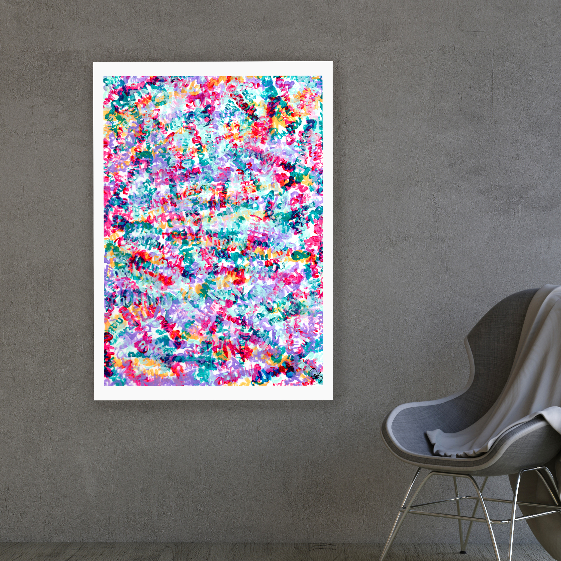 Acrylic Painting – Nothing Matter, Do I? Mock-up with sober wall and chair.