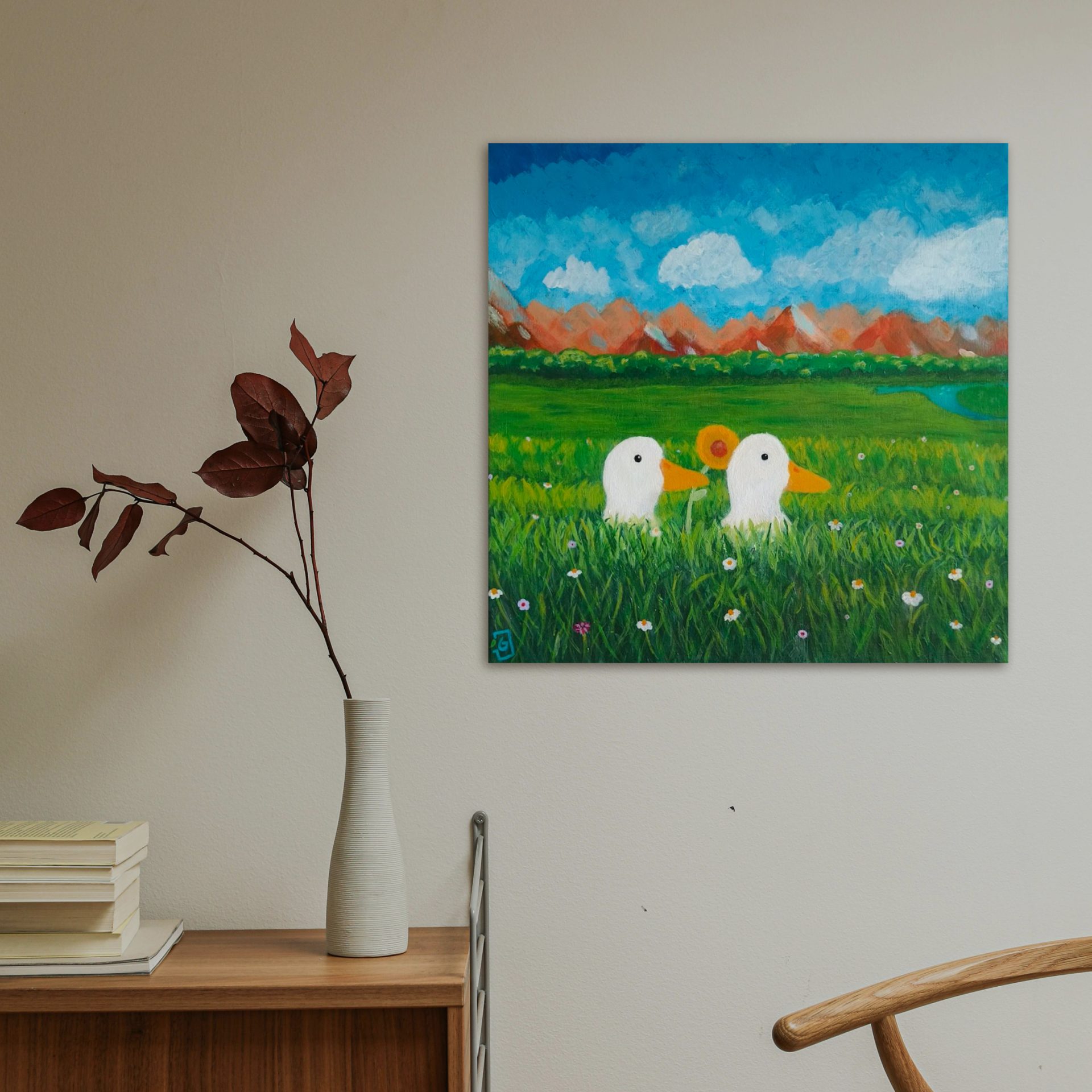 Us in every universe, an acrlyic painting by James Gale details two ducks walking in tall grass.